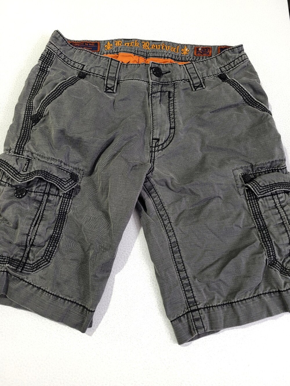 Rock Revival Cargo Shorts Mens 32 Gray Black Stitch Streetwear